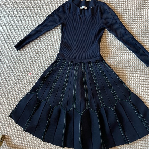 Sandro Dresses & Skirts - Sandro Navy Ribbed Knit Fit-and-Flare Dress with Green Stitching